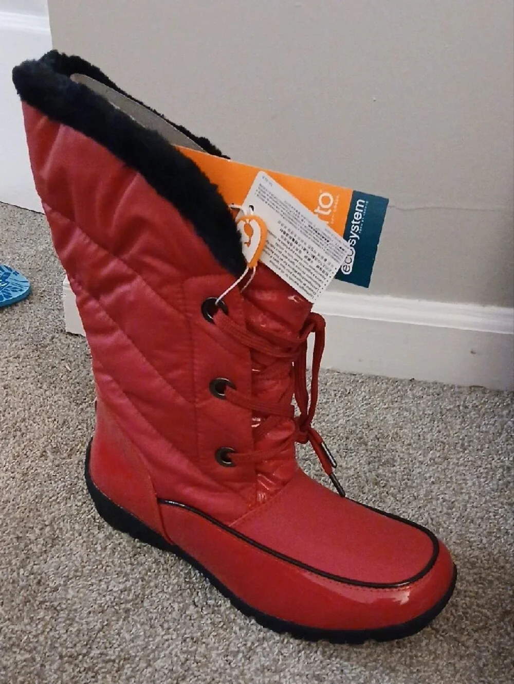 Sporto Red Quilted Lace-Up Winter Boot with Black Faux Fur Collar